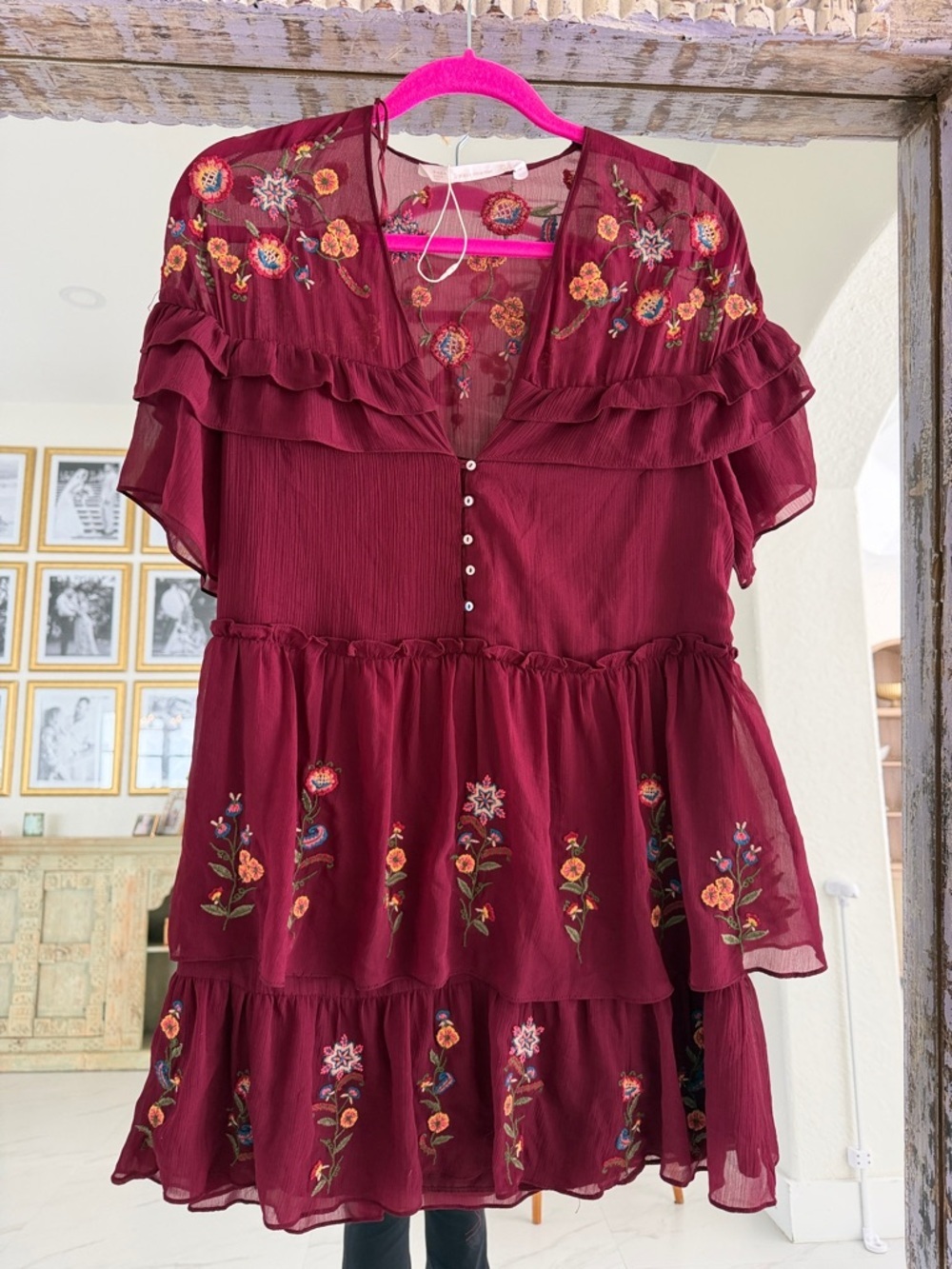 Zara Burgundy Floral Embroidered Ruffle Mini Dress